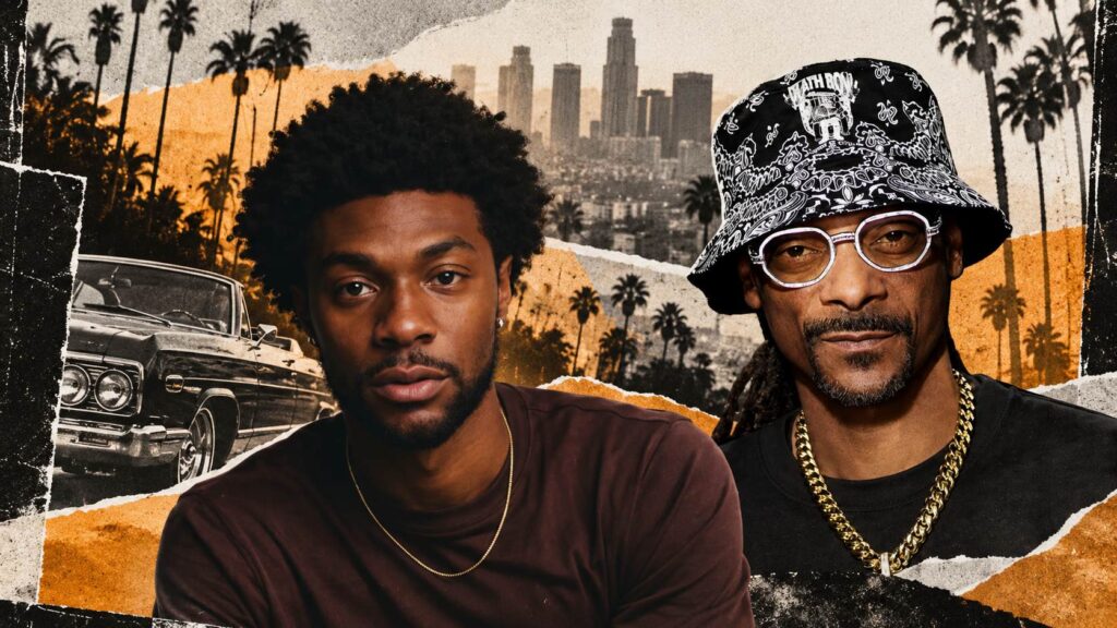 Snoop Dogg Biopic 2027 - Release Date, Cast and What the Film Covers Jonathan Daviss and Snoop Dogg in a vintage-style collage featuring palm trees, a classic lowrider and Los Angeles.