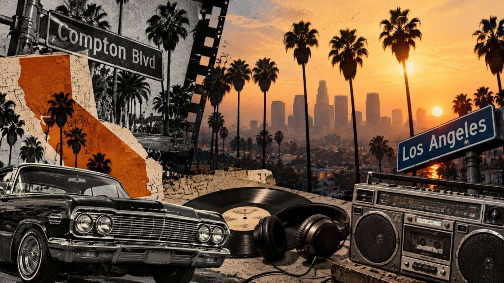 Snoop Dogg Biopic 2027 - Release Date, Cast and What the Film Covers West Coast hip-hop collage featuring a classic lowrider, vinyl record, boombox and Los Angeles skyline.