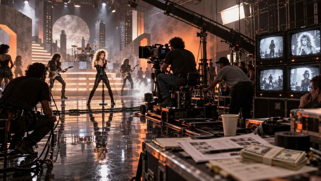 How Much Does It Cost to Make a Music Video? Retro 1980s music video set featuring musicians, camera crews, studio lighting, and television monitors.