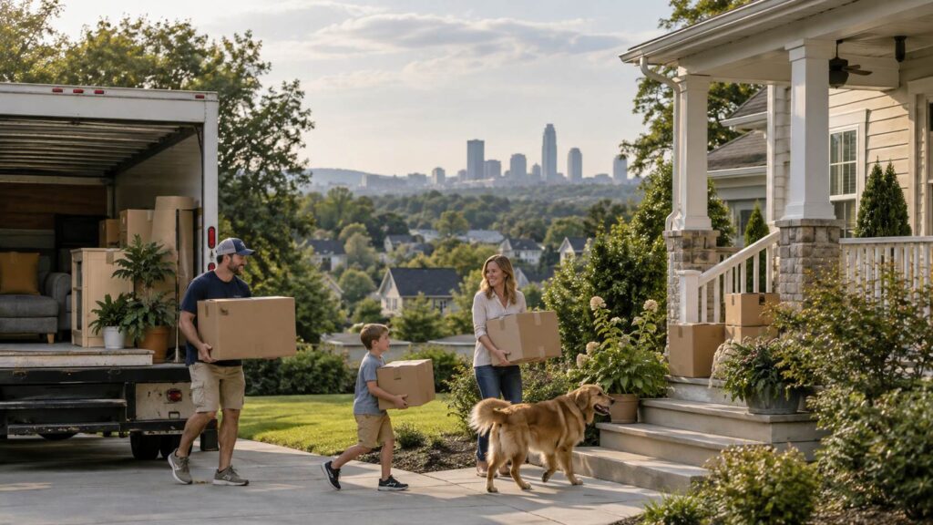 Why So Many Americans Are Moving to North Carolina Right Now? Family carrying moving boxes into a suburban North Carolina home with a city skyline in the distance.