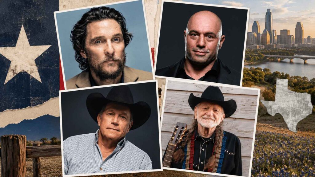 Collage of Matthew McConaughey, Joe Rogan, George Strait, and Willie Nelson against a Texas-inspired background.