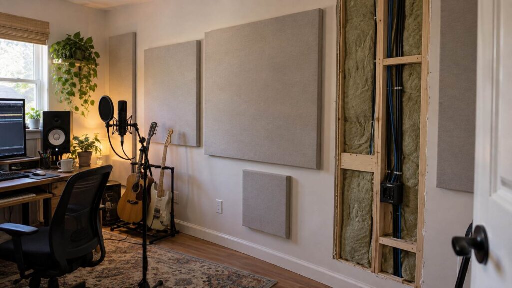 Drywall, Brick, or Concrete: Which Walls Sound Best in a Recording Studio? Recording studio with drywall, acoustic panels, and insulated wall framing