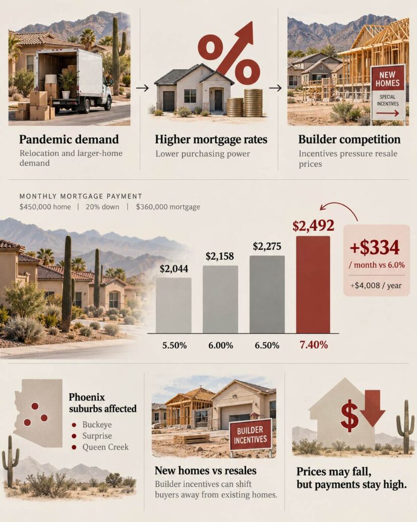 Arizona Housing Market Outlook for 2027, Will Home Prices Keep Falling? Infographic showing how rising mortgage rates and new construction affect Arizona home prices and monthly payments.