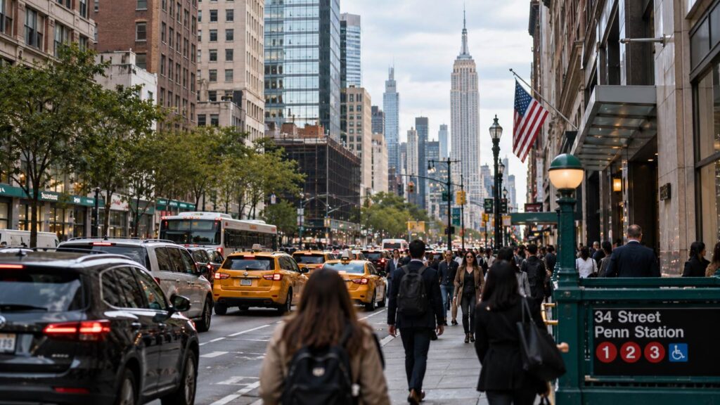 US States Ranked by Work-Life Balance, Where Are People Happiest? Busy New York City street with commuters, heavy traffic, and office buildings during rush hour.