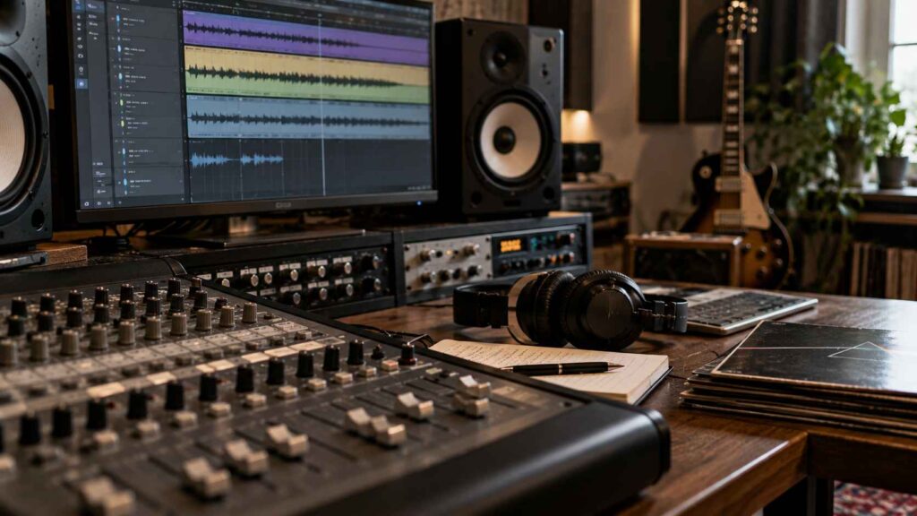 Vinyl vs CD vs Lossless Streaming - Which Format Preserves the Most Detail in Music? Audio mixing console, digital waveforms on a monitor, studio speakers, and headphones in a rock music mastering studio.