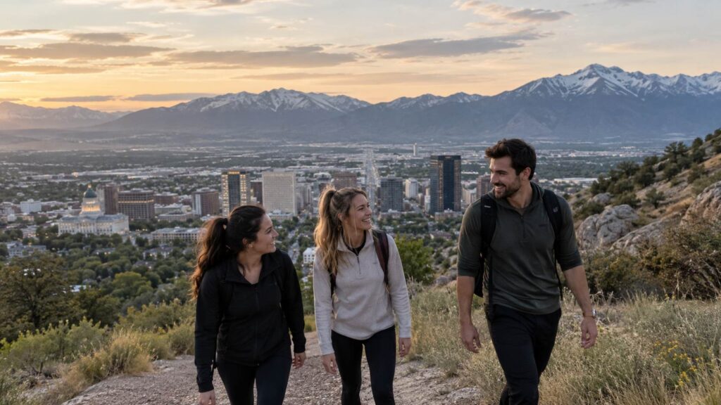 US States Ranked by Work-Life Balance, Where Are People Happiest? Three friends hiking above Salt Lake City, Utah, with the Wasatch Mountains in the background.