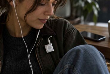 Young woman listening to music through wired earphones connected to a silver iPod Shuffle clipped to her jacket.
