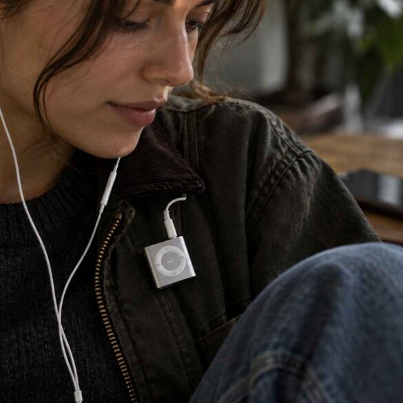 Why the iPod Shuffle Is Suddenly Popular Again? Young woman listening to music through wired earphones connected to a silver iPod Shuffle clipped to her jacket.