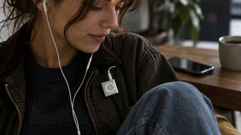 Why the iPod Shuffle Is Suddenly Popular Again? Young woman listening to music through wired earphones connected to a silver iPod Shuffle clipped to her jacket.