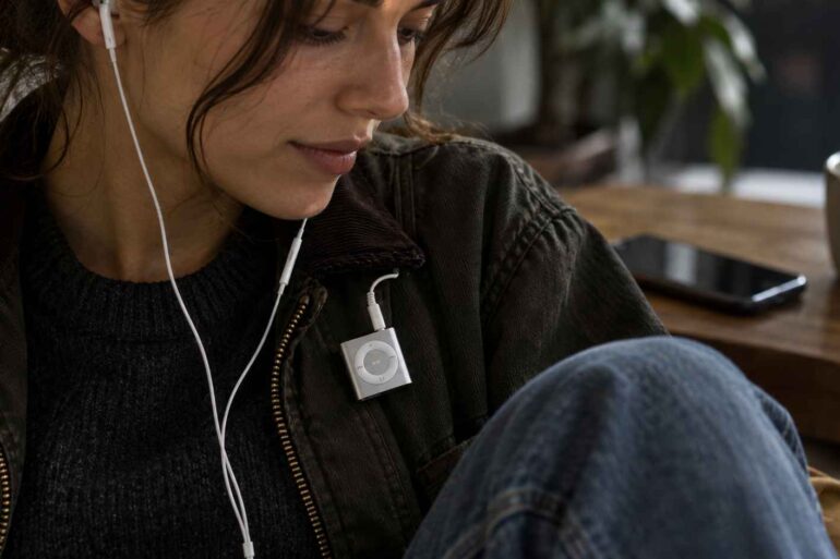 Why the iPod Shuffle Is Suddenly Popular Again? Young woman listening to music through wired earphones connected to a silver iPod Shuffle clipped to her jacket.