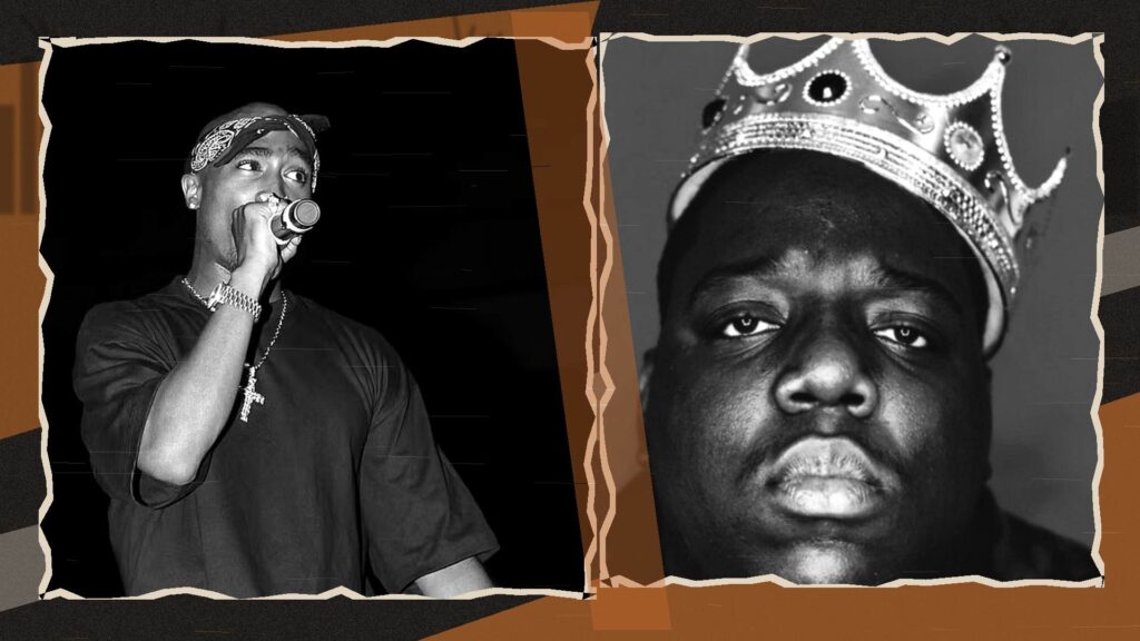 Snoop Dogg Biopic 2027 - Release Date, Cast and What the Film Covers Vintage black-and-white collage of Tupac Shakur and The Notorious B.I.G. with muted orange accents.