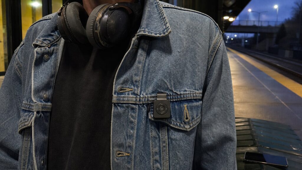 Why the iPod Shuffle Is Suddenly Popular Again? Tiny clip-on music player on a denim jacket with wireless headphones, smartphone blurred nearby