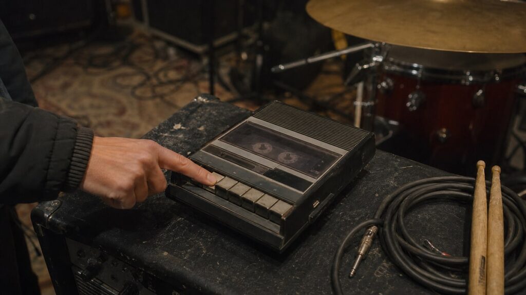 Why the iPod Shuffle Is Suddenly Popular Again? A finger presses a physical button on a vintage cassette deck in a rehearsal room